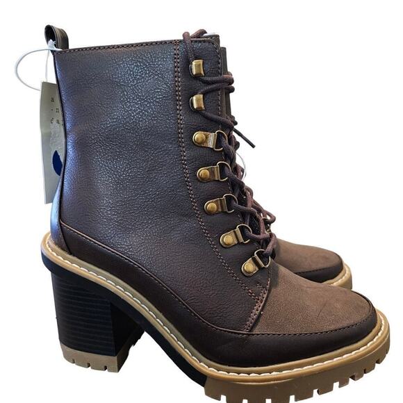 A New Day Tessa Heeled Boots Womens Size 7 Brown Chunky Round Toe Lace Up - Picture 1 of 8